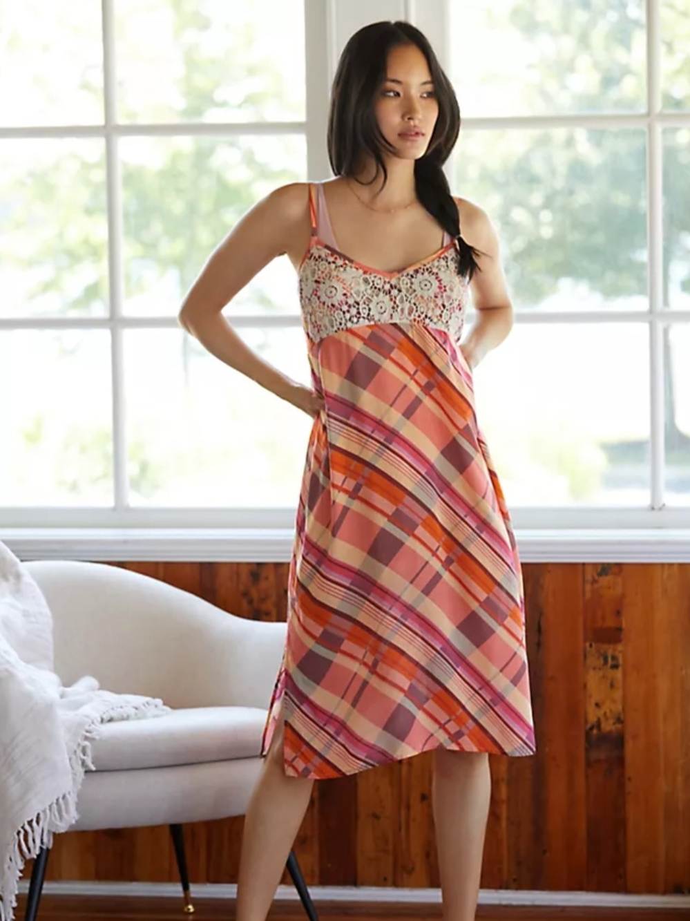Anthropologie Pink and Orange Lace-Trim Plaid Slip